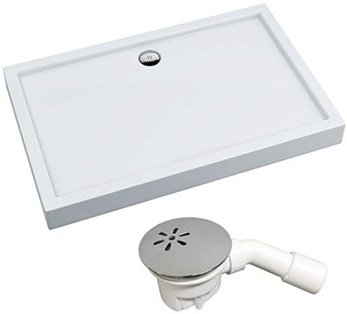 VBChome Duschwanne Duschtasse 90 x 140 x 14 cm Rechteckig für Duschkabine Styroporträger flach Sanitär-Acryl Duschbecken stabil glatt weiß Dusche+ Ablaufgarnitur