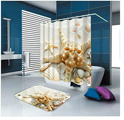 Daesar Toilettenteppich 40x60 Seestern Muschelschale Strand 150x180 cm Badvorhang Vintage, Badematten 2Teilig