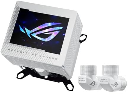ASUS ROG Ryujin III WB White LCD Bloc d'eau pour processeur (Asetek avec 178 micro-lamelles de refroidissement et plaque de refroidissement en alliage de cuivre, écran LCD 3,5, ventilateur VRM