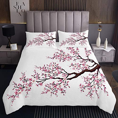 Set copriletto trapunta giapponese con fiori di ciliegio, copriletto trapuntato per bambini e bambine, fiori rosa, copriletto trapunta con rami di albero, biancheria da letto singola 2 pezzi