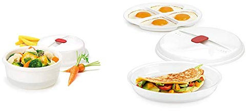 Tescoma 705010 Purity Microwave Vaporiera, Plastica, Bianco, Diametro 21 cm, Altezza 12.5 cm 705030 Purity Microwave Cuoci Uova al Tegamino, Plastica, Bianco, Diametro 21.5 cm, Altezza 4 cm