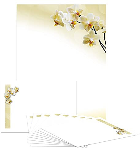 Briefpapier-Set Orchidee hell DS104 – 10 Blatt Designpapier, 10 Umschläge B6 mit Motiv bedruckt – Hochwertiges Motivpapier, Brief, Jubiläum, Einladung, Geburtstag, Liebesbrief, Orchidee – 90 g/m²