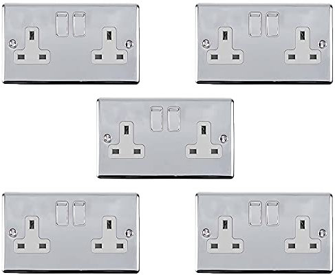 5 PACK | 2 Gang Double/Twin Switched UK Plug Socket –POLISHED CHROME & Grey Trim– Mains 240V 13A DP/Double Pole – Decorative Kitchen/Interior Wall Face Plate Power Outlet