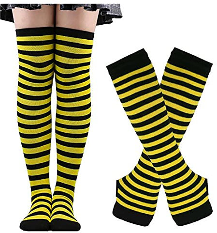 Gloves Socks Set High Stockings Knee Striped Socks Wristband Arm Cover Glove Christmas Halloween Cosplay, Yellow-black, One Size