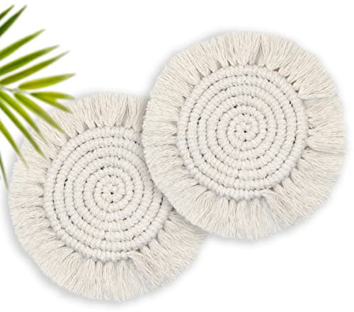 Lot de 2 dessous de verre en macramé tissés à la main de style bohème de 18,8 cm, mignons dessous de verre absorbants pour bureau, ferme, décoration d'intérieur, cadeau de pendaison de crémaillère