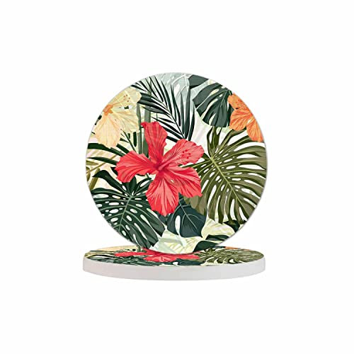 Pznen Untersetzer mit tropischen Pflanzen, 2 Stück, Blatt, Hibiskusblumen, Laub, Palme, exotische Dschungel, Natur, botanische Holztisch-Wohnung, Dekoration, 100 % Diatomit für Trinkgläser, 10,2 cm