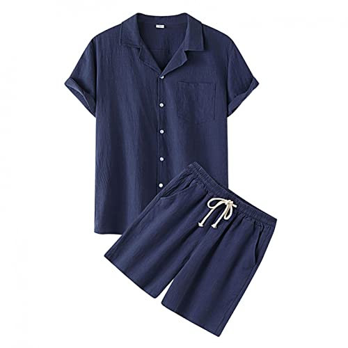 Celucke Zweiteiler Herren Leinenanzug Sommer Freizeitanzug Einfarbig 2-teilig Kurzarm Button-Up Revers Hemd und Shorts Beach Shirt Kurze Hose Set Baumwolle Leinen Anzug(Blau,L)