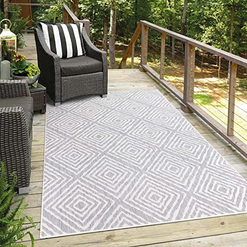 Teppich Outdoor Wetterfest - Grau - 60x110 cm - Geometrisch - Balkon Teppich Wasserabweisend - In-& Outdoor Teppiche für Terrasse, Garten, Küche, Bad oder Wohnzimmer