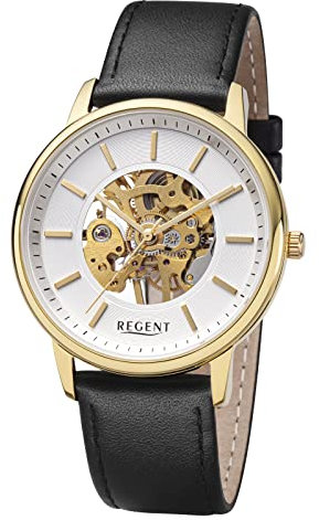 REGENT Herrenuhr mit Lederband Edelstahl Mechanischer Handaufzug Skelett Zifferblatt F-1399