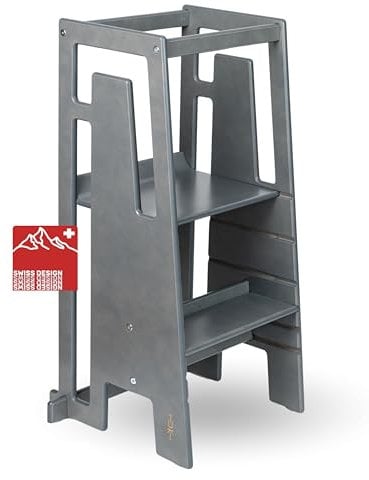Tuki Lernturm ab 1 Jahr für Kinder Greywash | Höhenverstellbar, hohe Standsicherheit, ergonomisches Design | Langlebiger Montessori Learning Tower hilft bei Motorik & Lernen