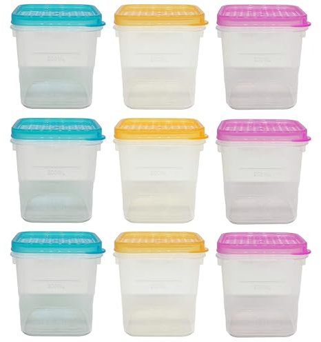 MAKREL 9 Pack Store Smart Square Stackable Plastic Food Storage Containers with Multicolour Transparent Lids 300ml