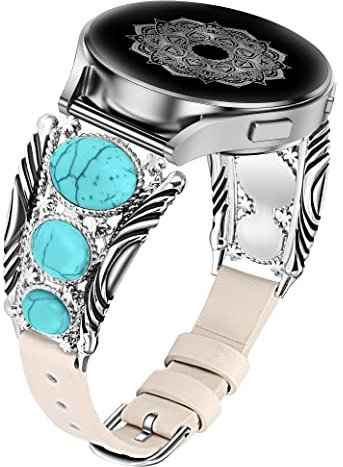 Minyee Lederarmband, kompatibel mit Samsung Galaxy Watch 7/6/5/4/FE/Active 2 40 mm, 44 mm/Watch 6 Classic 43 mm/47 mm/Watch 5 Pro 45 mm, für Damen, Western-Türkis, Boho, Vintage-Schmuck, 20 mm
