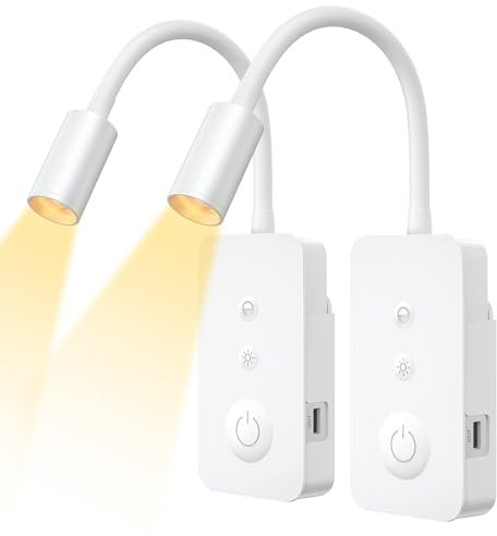 ELLASAY Leselampe Wandmontage, LED leselampe Bett mit 4 Dimm- & 4 Farbmodi, Nachtlicht mit Bump-Touch-Tasten,kabellos & abnehmbar, USB-Ausgang, Automatische Abschaltung - Leselampe Schwanenhals-2PACK