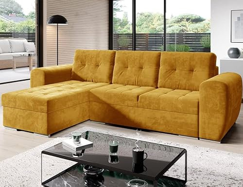 MODERNO Ecksofa mit Schlaffunktion BARI - Sofa mit 3 Sitzen - Schlafcouch L-Form - Modern Couch - Schlafsofa mit Steppung - 256x157x85 cm - Senfgelb - Monolith 48