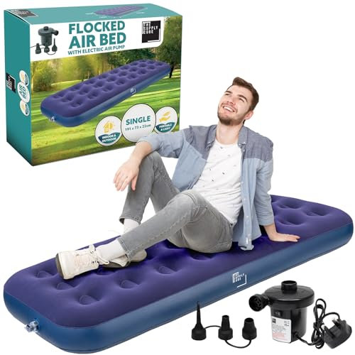 Supply Cube Single Air Bed – Waterproof & Durable Inflatable Mattress for All-Night Comfort – Versatile Camping Bed & Air Mattress for Home or Outdoors – Single Airbed with AC Electric Pump