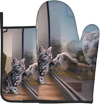 Hitzebeständige Ofenhandschuhe und Topflappen, 2er-Set, Katze und Reflexion, Tiger, bedruckt, Küche, rutschfest, wasserdicht, zum Backen, Kochen, Grillen
