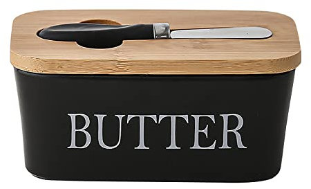 Large Butter Dish with Wooden Lid and Knife, Porcelain Butter Box Container, Ceramics Airtight Butter Keeper, Multi-Functional Butter Dishes, Butter Holder with Covers for Butter, Nuts, Cheese (Black)