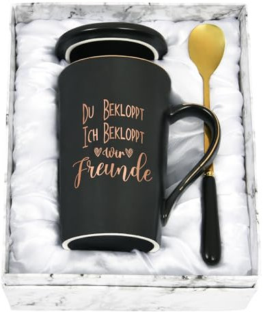 Joymaking Geschenk für Freund Keramik Kaffeetasse Lustige Geschenkidee für Besten Kumpel Geburtstagsgeschenk für Freundin Kollegein Tasse mit Spruch - Du Ich Bekloppt Wir Freunde, Schwarz