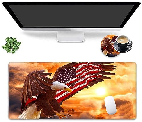 Großes Mauspad mit genähtem Rand, rutschfeste Gummiunterseite für Laptop, PC, Büro, Arbeiten, Gaming, Schreibtischunterlage, Laptop, Büro, Untersetzer, amerikanische Flagge, Adler