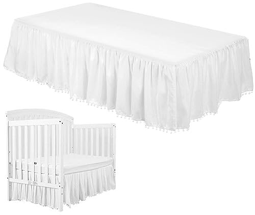 Jupe de Berceau, Jupes de lit pour Tout-Petits, Jupe de Berceau à Volants de 71,1 x 132,1 cm, Volant Anti-poussière avec Pompons pour berceaux Standard et la Plupart des Lits pour Tout-Petits. Zorq