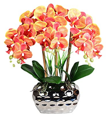 EIOLWJIEO Grand bonsaï d'orchidée Artificielle avec Vase Phalaenopsis réaliste Faux Plantes orchidées Fleurs Ornements de Mariage à la Maison, Orange