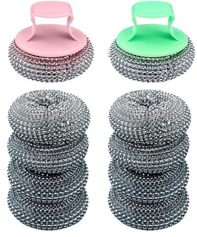 10 Pièces Eponge Grattante Fil Métal INOX avec 2 Poignée de Couleur Aléatoire, Éponge Grattante en Acier d'Inoxydable, Éponge Vaisselle Réutilisable, Eponges à Récurer en Acier Inoxydable