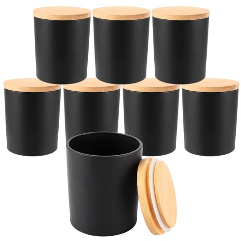 MUXHEL 8er-Set 300ml / 10oz dicke Glas-Kerzengläser mit Bambusdeckel, Glas Vorratsdose Schwarz, Wattedose mit Deckel aus Bambus, Badezimmer-Behälter Waschtisch-Wattestäbchen-Aufbewahrung