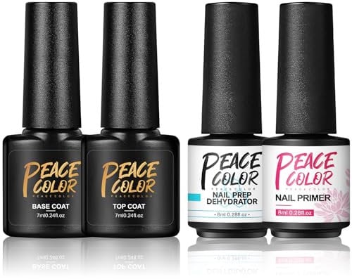 PEACECOLOR 7ML Base and Top Coat 8ML Nail Prep Dehydrator and Primer Kit Shine Glossy Finish and Long Lasting Gel for DIY Nail Art Design at Home Beauty Gifts