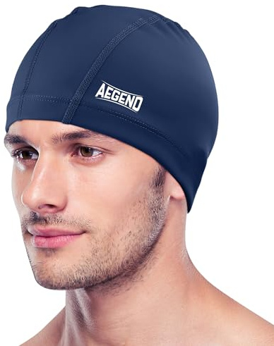 Aegend Fabric Swim Cap, Silicone Waterproof Layer - Breathable Cloth Swimming Cap, Keep Hair Dry with Hight Elasticity for Women Men, 2 Sizes to Choose (Navy Blue, Medium)