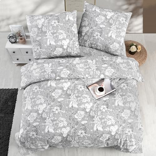 ZIRVEHOME Bettwäsche 155x220 cm. 2-teilig, Kuschelig Weiche Baumwolle, Grau Bettbezug Weiß Geblümt Bettwäsche-Set. Destin