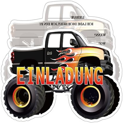 Olanstar Monster Auto Truck Einladungen, 12 Kindergeburtstag Einladungskarten mit Monster Truck Motiv, Geburtstagseinladungen
