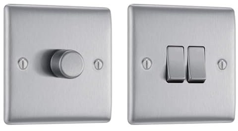 BG Electrical Single Dimmer Intelligent Light Switch, Brushed Steel, 2-Way, 200W & BG Electrical NBS42-01 Double Light Switch, Brushed Steel, 2-Way, 10AX