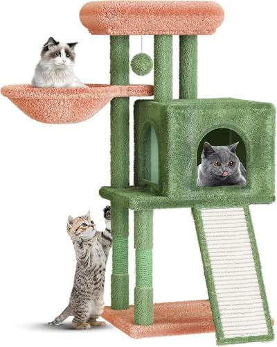 Kleiner Katzen Kratzbaum, Katzenbaum, Kletterturm, Katzenmöbel für Kleine Katzen, Kratzbäume Höhe 98.5 cm, Kletterbaum mit Plüschbällen, Höhle, Plattformen, Kratzpfosten, Katzenspielzeug, Grün