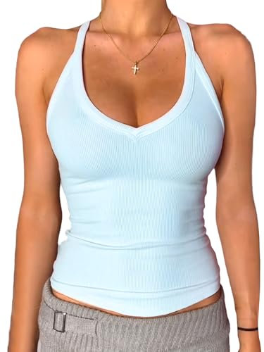 Danysu Tank Top Damen Mit Integrierter BH Sexy V-Ausschnitt Spaghetti Top Ärmellos Sommer Gerippt Tanktops Sport Oberteile Basic Shirt Camisole Einfarbig Blue Ice, Groß
