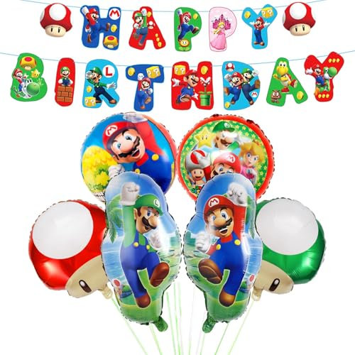 mn3 Luftballons Super Bros Geburtstag Deko Jungen- Super Brother Geburtstagsdeko Ballon Kindergeburtstag Deko Girlande Tortendeko Mari Folienballons Happy Birthday Banner für Party Supplies Deko