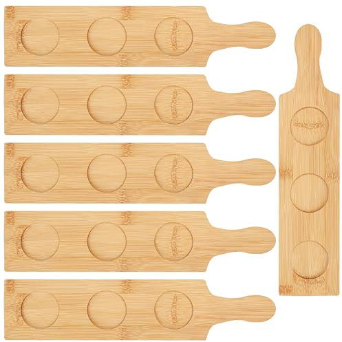 6PCS Flight Board for Tasting, 3 Slots Bamboo Wine Holder Serving Display Rack Paddle 2.17 INCH Dia Base for Whiskey, Beer, Drink Glass Jars (Round) 15.0L x 3.9W