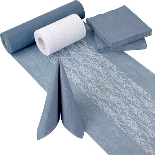 100%Mosel Tischdeko-Set – Rauchblau & Weiß – Dekorative Tischbänder & Servietten für Taufe, Kommunion, Konfirmation, Hochzeit & Geburtstag – Praktisches Dekoset für besondere Anlässe