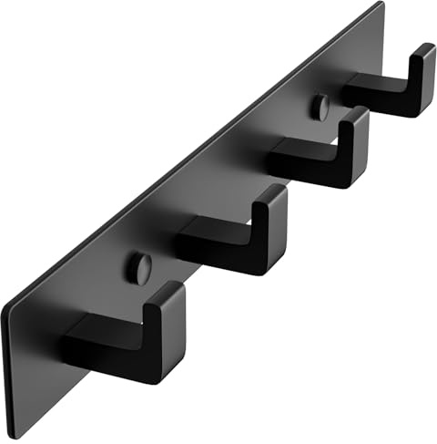 Black Coat Rack Wall Mount - 32cm Rail with 4 Right-Angle Hooks(1 Pack) | Durable Metal, Rust Resistant, Right-Angle Style, Easy Install, Space Saving, For Coats & Bags