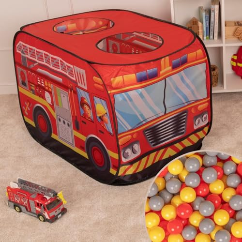 Selonis Feuerwehrauto-Zelt Kinder Spielhaus 300 Bälle Faltzelt Pop Up Zelt Kinderzelt Indoor Outdoor Faltbar Spielhöhle Geschenk Für Jungen Mädchen