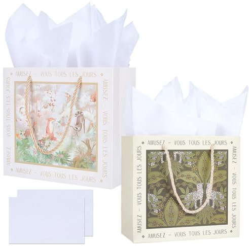 SOFPLATE 2 Stil Wald Geschenktüten Tier Papiertüte Mittelgroß Grünes Blatt Natürlich Französischer Retro Fuchs Geburtstags Partygeschenk Tragetasche Mit Griffen Seidenpapier Für Geschenke Abschlussfei