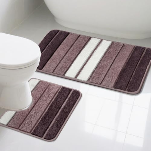 NAKIHOUSE 2-teiliges Badematten-Set, rutschfest, extra weich, wasserabsorbierend, Mikrofaser, Fußmatten, maschinenwaschbar, Teppich, WC-Vorleger für Badezimmerboden (lila)