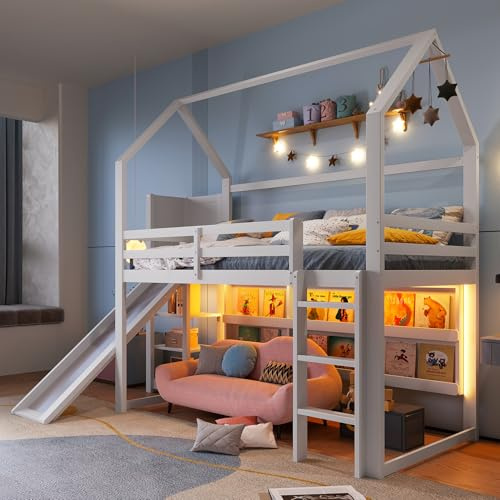 Kinderbett Etagenbett 90x200, Hochbett Hausbett mit Rutsche&LED Leiste&Regale&Dach&Leiter, Einzelbett Holzbett Jugendbett Stockbett Spielbett mit Lattenrost&Rausfallschutz, Kiefer, Ohne Matratze, Weiß