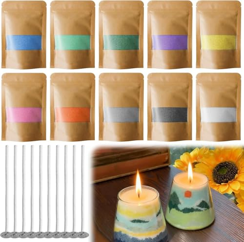 GBKDQQ Kerzensand mit Docht: 10 Farben Kerzenwachs Granulat, 500g Kerzen Sand, Kerzen Selber Machen Set, DIY Kerzengranulat Set, Wachsgranulat für Wachskerze Selber Machen (kerzendocht 10cm)