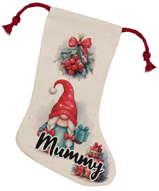Purely Home Christmas Gonk Family Stocking - Novelty Xmas Gift For Mummy/Gonk Decor Linen-Style With Red Drawstring Ties