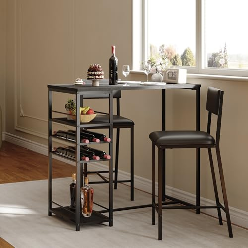 Garvee Bartisch Set 3-Teilig, Esstisch mit 2 Stühlen & & 3 Ablagen, Tresentisch Barhocker Essgruppe 2 Personen Küchentisch Industriedesign Metallrahmen, Schwarz