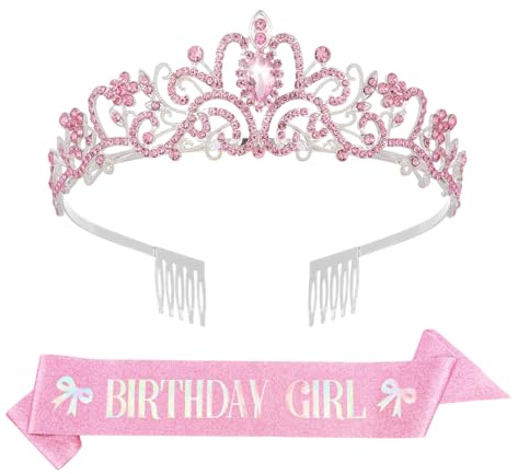 OuryTech Geburtstagskrone, Birthday Girl Krone, Tiara, Rosa Krone, Diadem, Geburtstagskrone Damen, Glitter Sash, Birthday Deko, Party Zubehör für Frauen, 2 Stück
