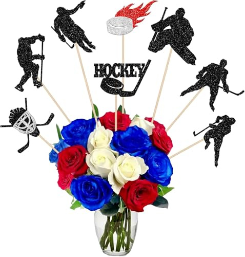 16 Stück Eishockey Tortendeko Glitzer Schwarz Silber Eishockey Spieler Kuchen Deko Blumen Dekorationen für Sport Thema Geburtstag Party Tisch Dekorationen