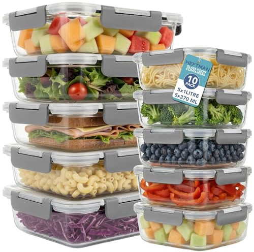 HEFTMAN Glass Food Containers with Lids - 10 Pack, 1 Litre & 370ml | Meal Prep Containers, Airtight Food Storage Container for Leftovers, Lunch, Fruit & Veg, Microwave & Freezer Safe