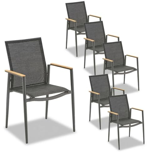 Liadomo Gartenstuhl 6er-Set Mannoli - 6 Stück Stapelstuhl - Aluminium mit Textilen - fertig montiert - stapelbar - wetterfest - für Garten, Terrasse, Balkon - Teak-Armlehnen