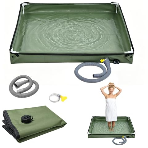 Piatto doccia pieghevole, 80 x 80 cm, piatto doccia da campeggio, base doccia portatile con tubo di scarico, tenda da doccia per esterni, per camper, giardino, viaggi (verde militare)